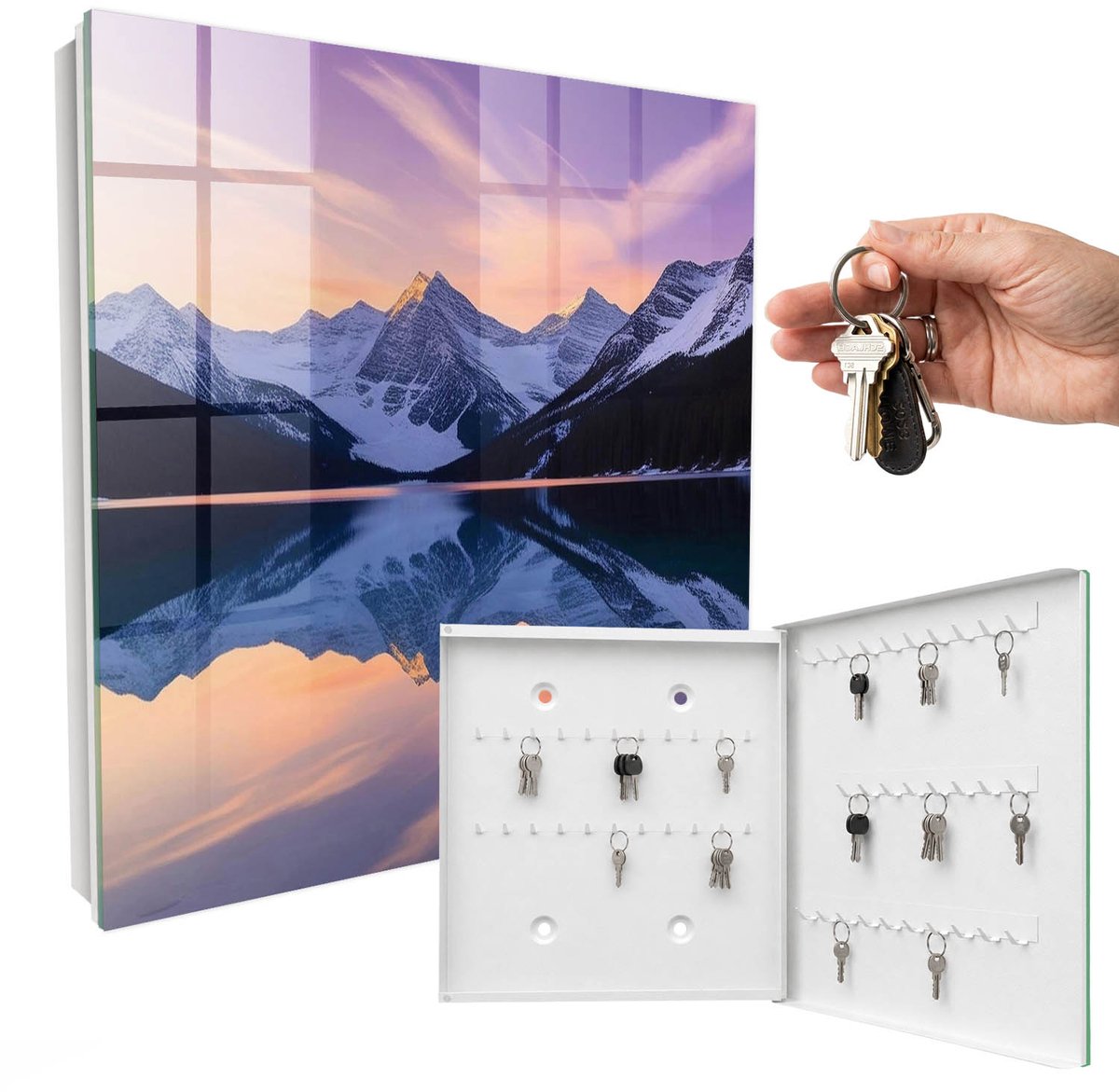 WallMuralia - Sleutelkast - 30x30x5 cm - met 50 haken - Bergwereld Sleutelkastje - Paars Sleutelbox - Rechtsopenend - Wit interieur
