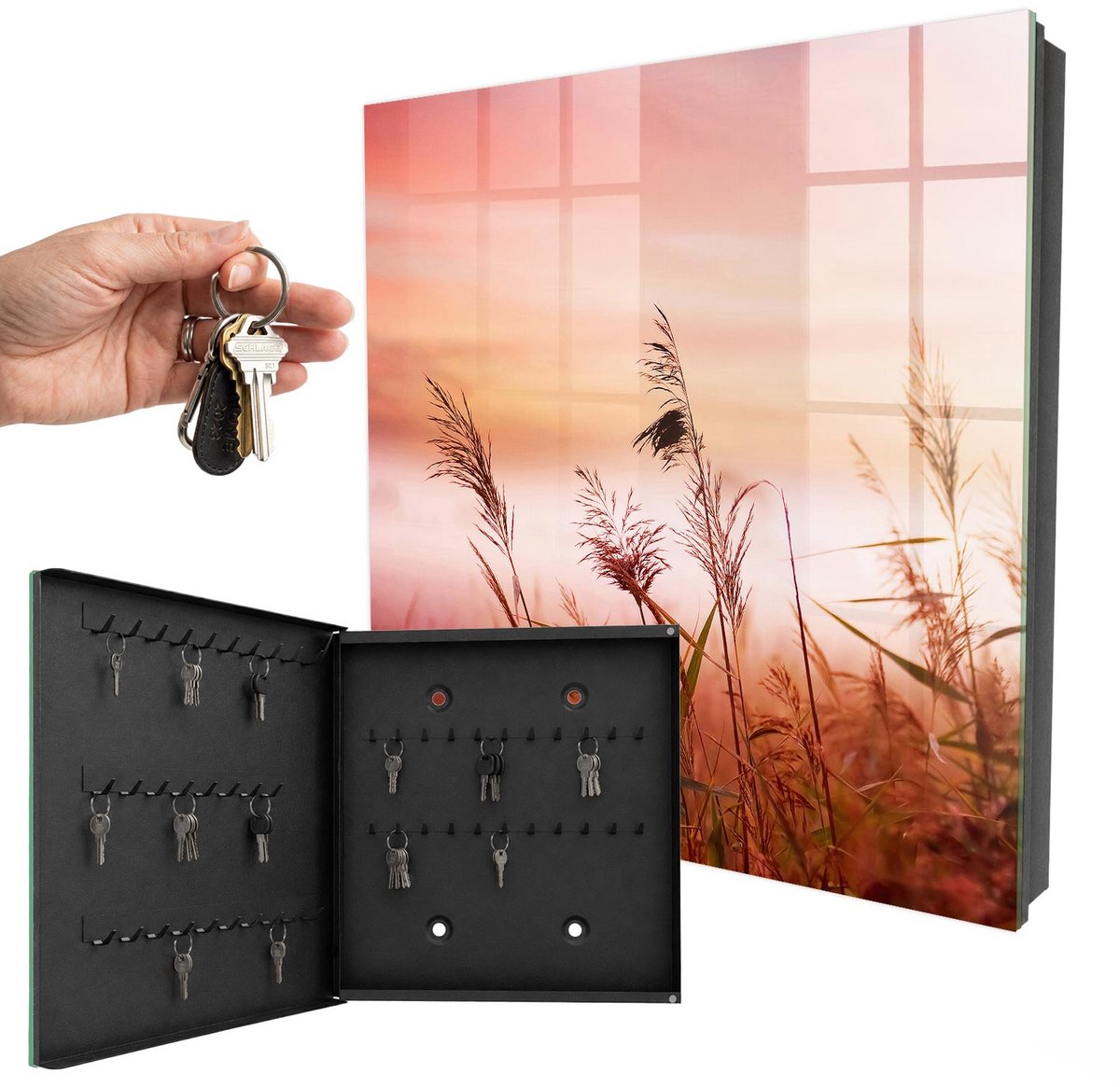 WallMuralia - Sleutelkast - 30x30x5 cm - met 50 haken - Grassen Bij Zonsopgang Sleutelkastje Hal - Oranje Sleutelbox - Linksopenend - Zwart interieur