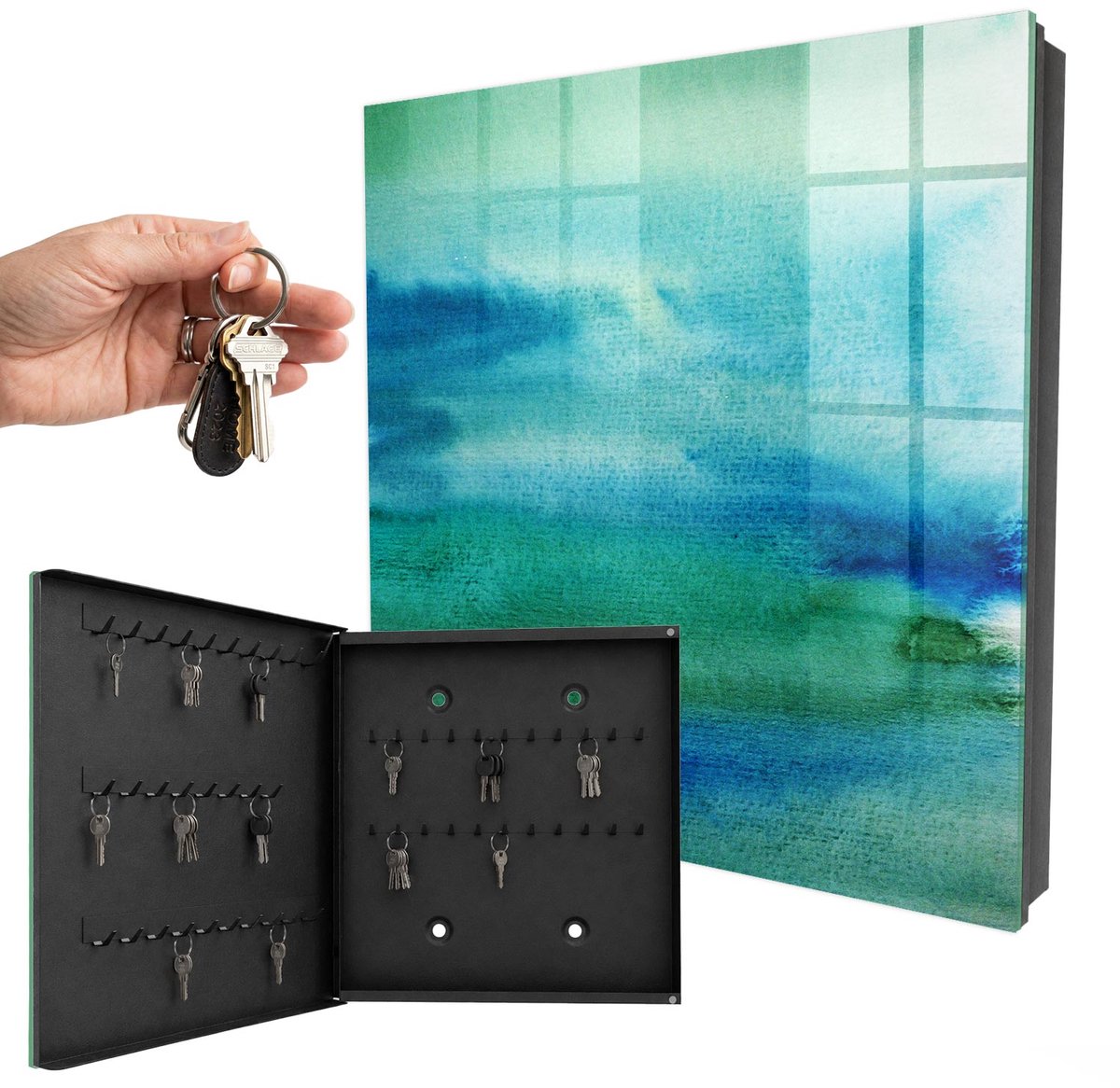 WallMuralia - Sleutelkast - 30x30x5 cm - met 50 haken - Aquarelblauw Sleutelkastje Industrieel - Blauw Sleutelbox - Linksopenend - Zwart interieur