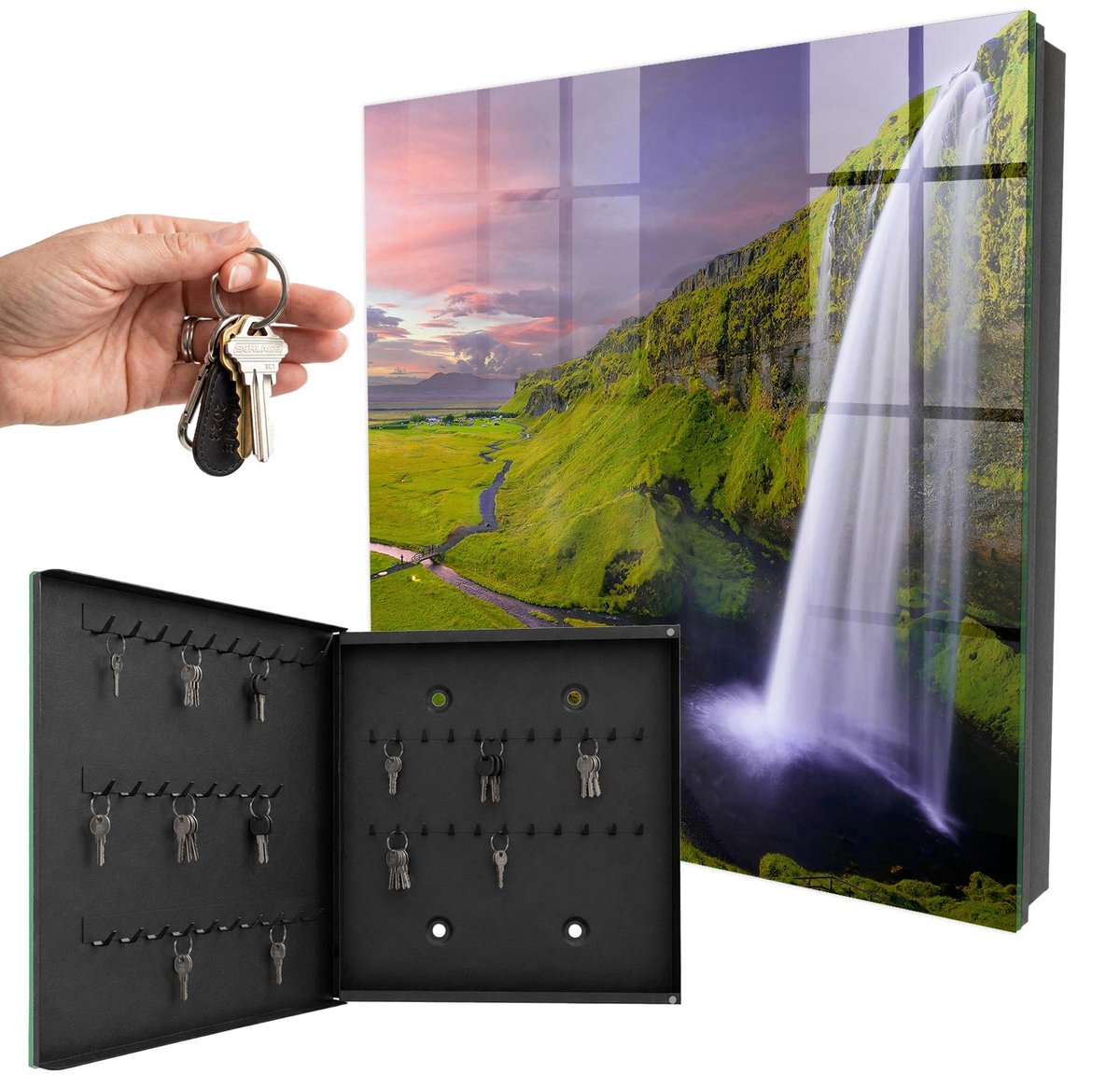 WallMuralia - Sleutelkast - 30x30x5 cm - met 50 haken - Bergwaterval Sleutelkastje Landelijk - Groente Sleutelbox - Linksopenend - Zwart interieur