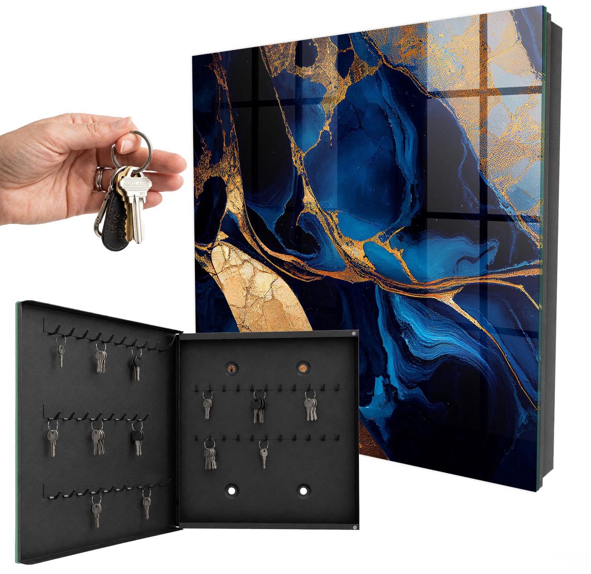 WallMuralia - Sleutelkast - 30x30x5 cm - met 50 haken - Nachtmarmer Leuk Sleutelkastje - Blauw Sleutelbox - Linksopenend - Zwart interieur