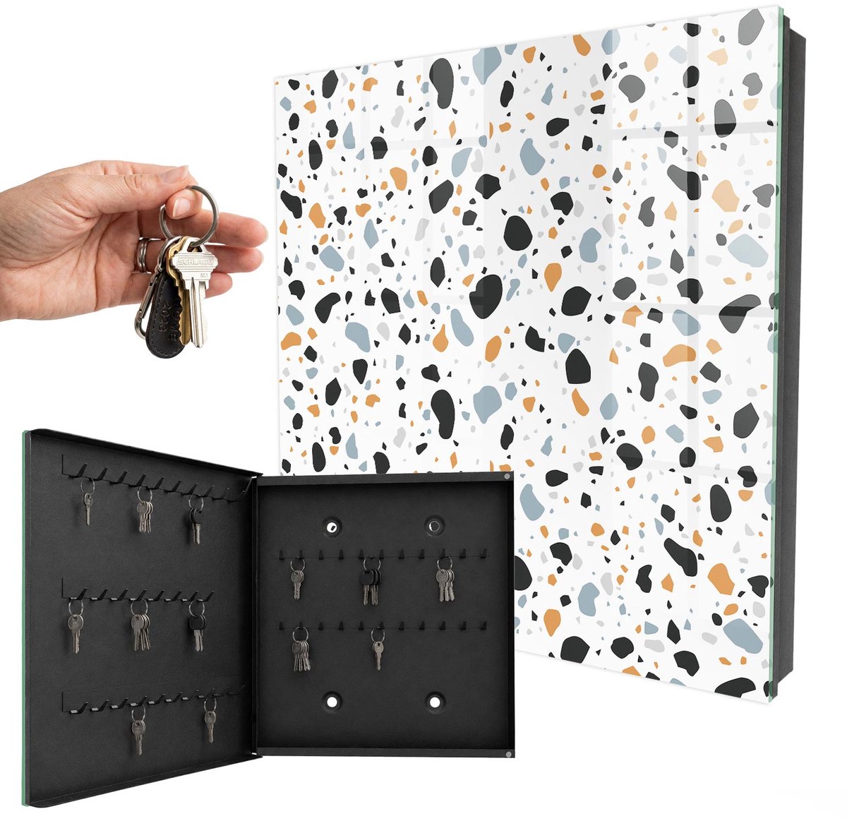 WallMuralia - Sleutelkast - 30x30x5 cm - met 50 haken - Terrazzo-Patroon Design Sleutelkastje - Zwart Sleutelbox - Linksopenend - Zwart interieur