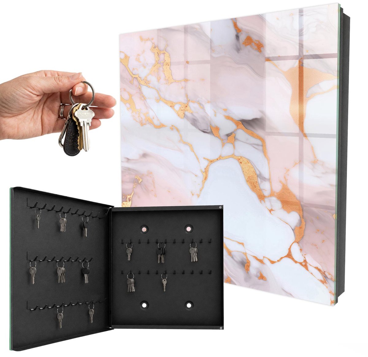 WallMuralia - Sleutelkast - 30x30x5 cm - met 50 haken - Abstract Marmer Sleutelkastje Gang - Roze Sleutelbox - Linksopenend - Zwart interieur