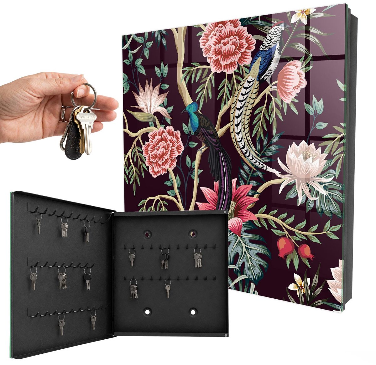 WallMuralia - Sleutelkast - 30x30x5 cm - met 50 haken - Bloemen En Vogels Sleutelkastje Gang - Roze Sleutelbox - Linksopenend - Zwart interieur
