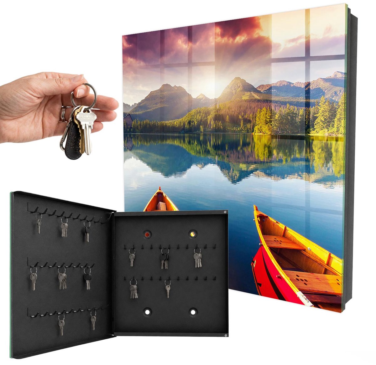 WallMuralia - Sleutelkast - 30x30x5 cm - met 50 haken - Bergvrede Sleutelkastje - Blauw Sleutelbox - Linksopenend - Zwart interieur