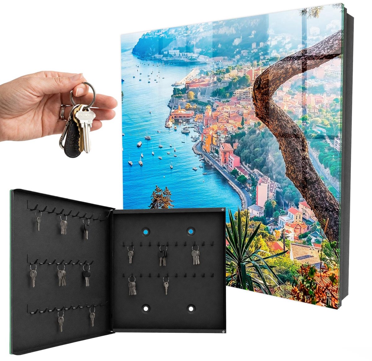 WallMuralia - Sleutelkast - 30x30x5 cm - met 50 haken - Vakantielandschap Design Sleutelkastje - Blauw Sleutelbox - Linksopenend - Zwart interieur