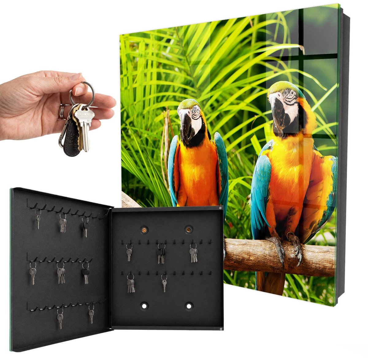 WallMuralia - Sleutelkast - 30x30x5 cm - met 50 haken - Tropische Vogels Sleutelkastje Voor Binnen - Groente Sleutelbox - Linksopenend - Zwart interieur