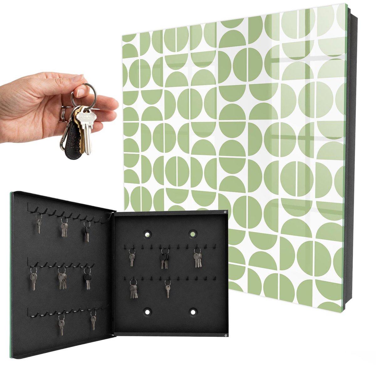 WallMuralia - Sleutelkast - 30x30x5 cm - met 50 haken - Groene Geometrie Sleutelkastje Hal - Groente Sleutelbox - Linksopenend - Zwart interieur