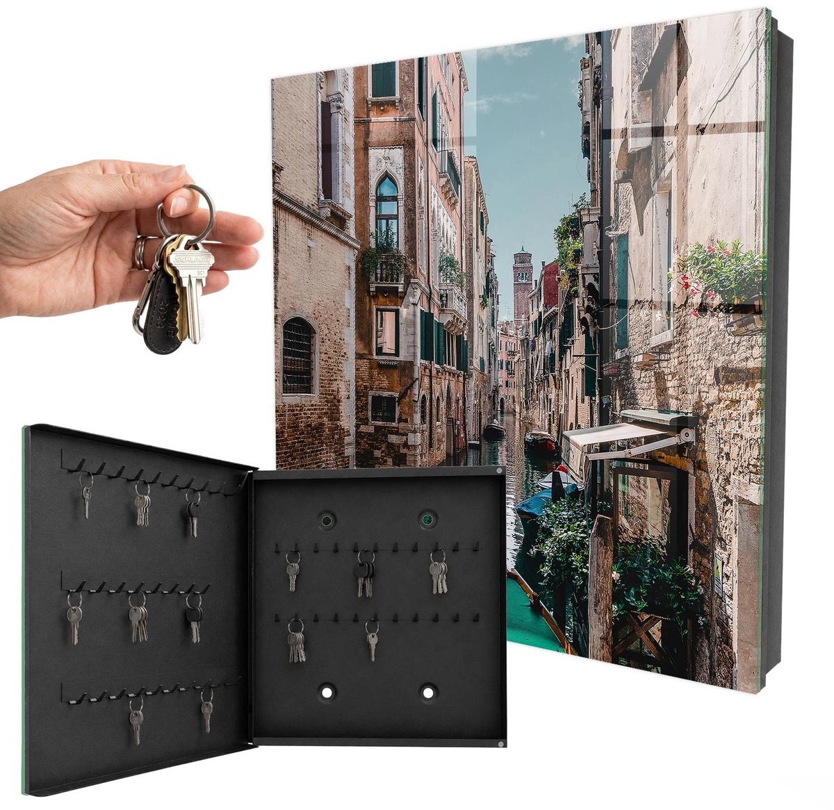 WallMuralia - Sleutelkast - 30x30x5 cm - met 50 haken - Venetiaans Kanaal Leuk Sleutelkastje - Bruin Sleutelbox - Linksopenend - Zwart interieur