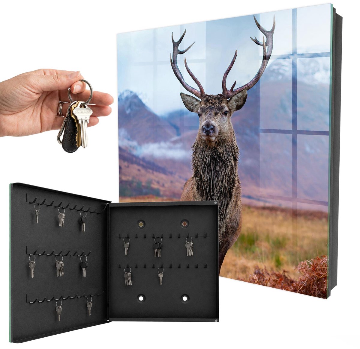 WallMuralia - Sleutelkast - 30x30x5 cm - met 50 haken - Herten In De Bergen Sleutelkastje Voor Binnen - Bruin Sleutelbox - Linksopenend - Zwart interieur