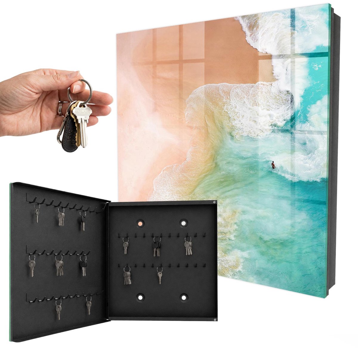 WallMuralia - Sleutelkast - 30x30x5 cm - met 50 haken - Turkoois Strand Sleutelkastje Muur - Turkoois Sleutelbox - Linksopenend - Zwart interieur