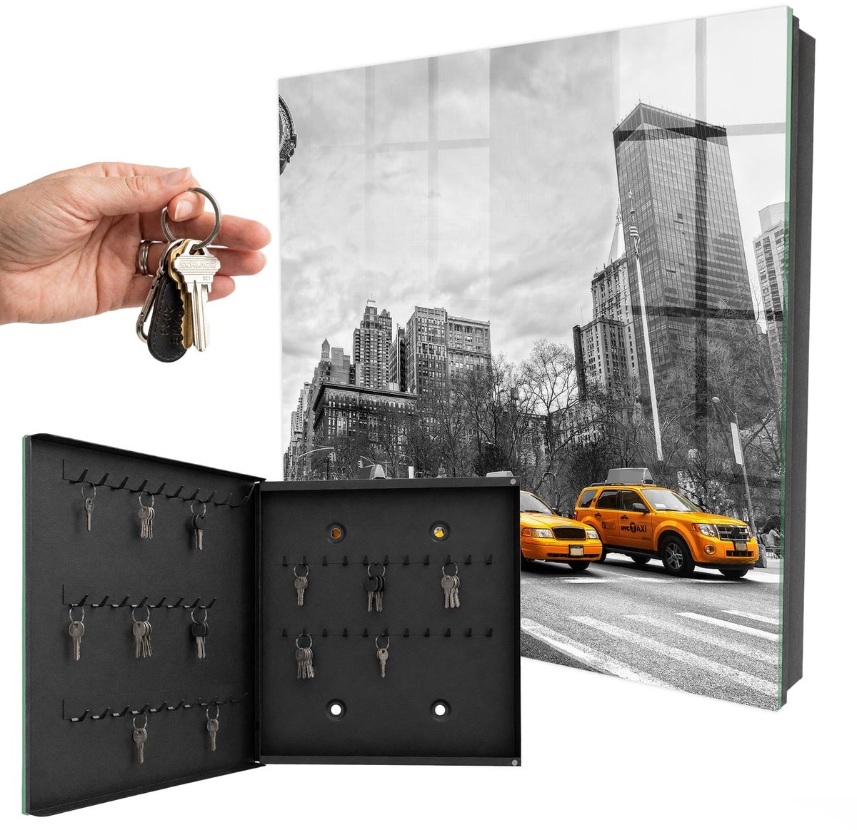 WallMuralia - Sleutelkast - 30x30x5 cm - met 50 haken - Stedelijke Energie Sleutelkastje Landelijk - Grijs Sleutelbox - Linksopenend - Zwart interieur