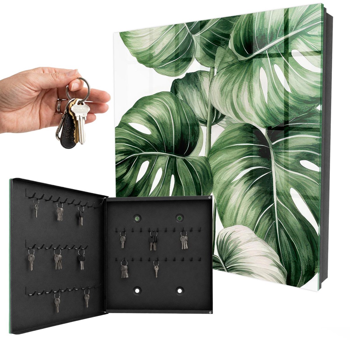 WallMuralia - Sleutelkast - 30x30x5 cm - met 50 haken - Groene Bladeren Design Sleutelkastje - Groente Sleutelbox - Linksopenend - Zwart interieur