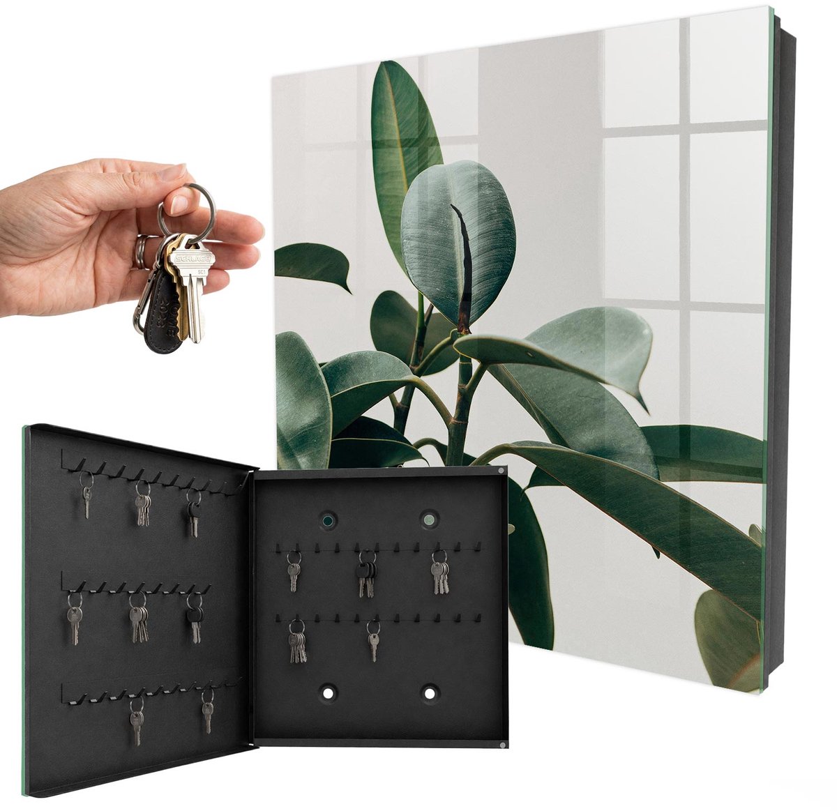 WallMuralia - Sleutelkast - 30x30x5 cm - met 50 haken - Ficusbladeren Sleutelkastje Modern - Groente Sleutelbox - Linksopenend - Zwart interieur