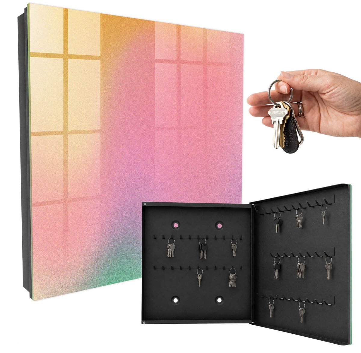 WallMuralia - Sleutelkast - 30x30x5 cm - met 50 haken - Kleurrijk Verloop Groot Sleutelkastje - Roze Sleutelbox - Rechtsopenend - Zwart interieur