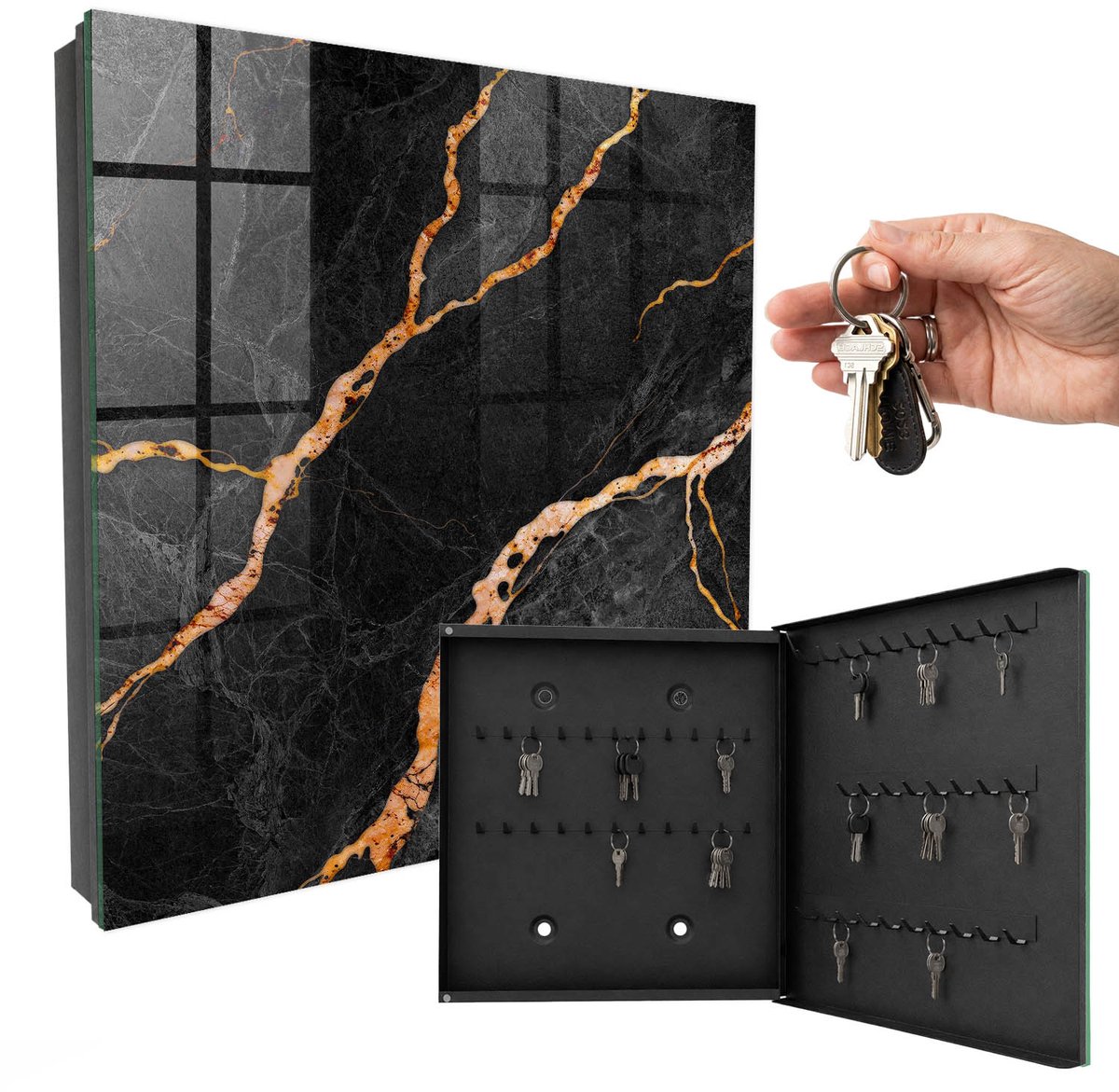 WallMuralia - Sleutelkast - 30x30x5 cm - met 50 haken - Zwarte En Oranje Steen Sleutelkastje Binnen - Zwart Sleutelbox - Rechtsopenend - Zwart interieur