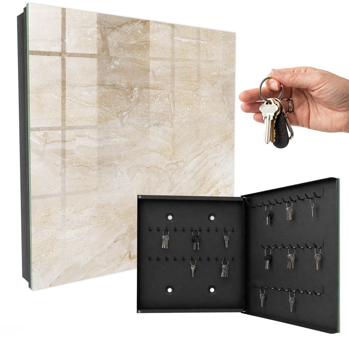 WallMuralia - Sleutelkast - 30x30x5 cm - met 50 haken - Beige Marmer Leuk Sleutelkastje - Beige Sleutelbox - Rechtsopenend - Zwart interieur