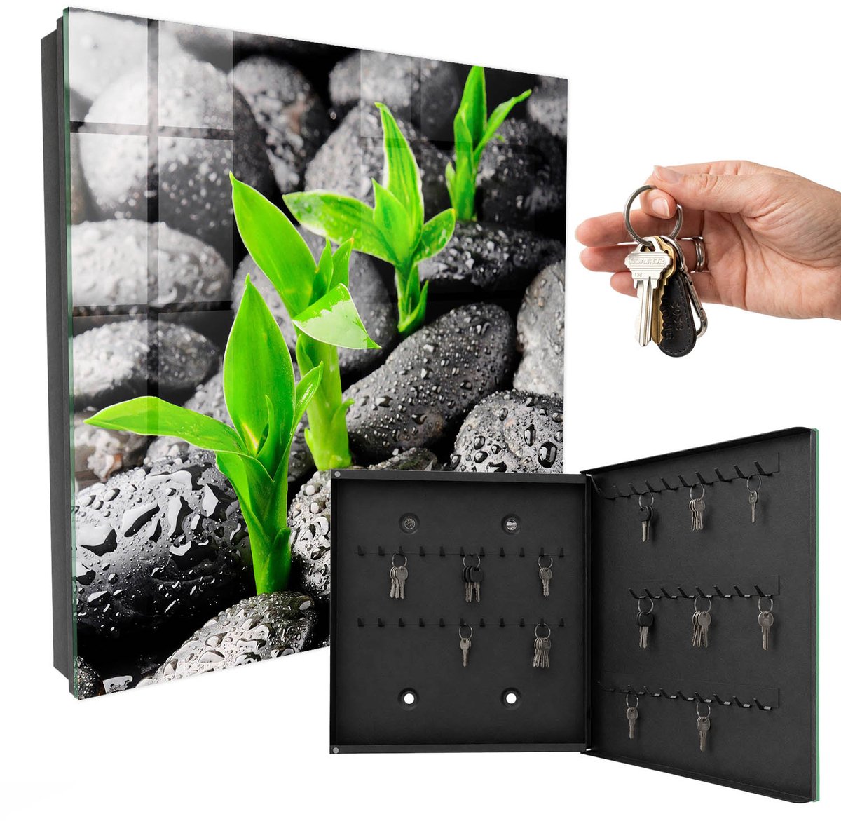 WallMuralia - Sleutelkast - 30x30x5 cm - met 50 haken - Groene Natuur Sleutelkastje Industrieel - Zwart Sleutelbox - Rechtsopenend - Zwart interieur