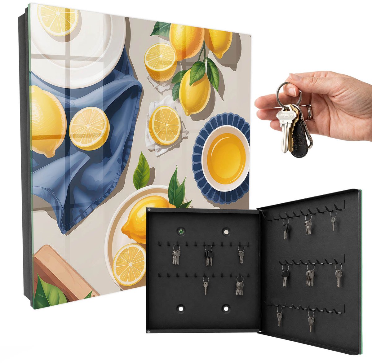 WallMuralia - Sleutelkast - 30x30x5 cm - met 50 haken - Citroentafel Sleutelkastje Voor Binnen - Geel Sleutelbox - Rechtsopenend - Zwart interieur