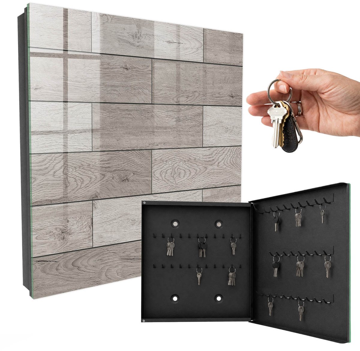 WallMuralia - Sleutelkast - 30x30x5 cm - met 50 haken - Grijs Hout Sleutelkastje Binnen - Grijs Sleutelbox - Rechtsopenend - Zwart interieur