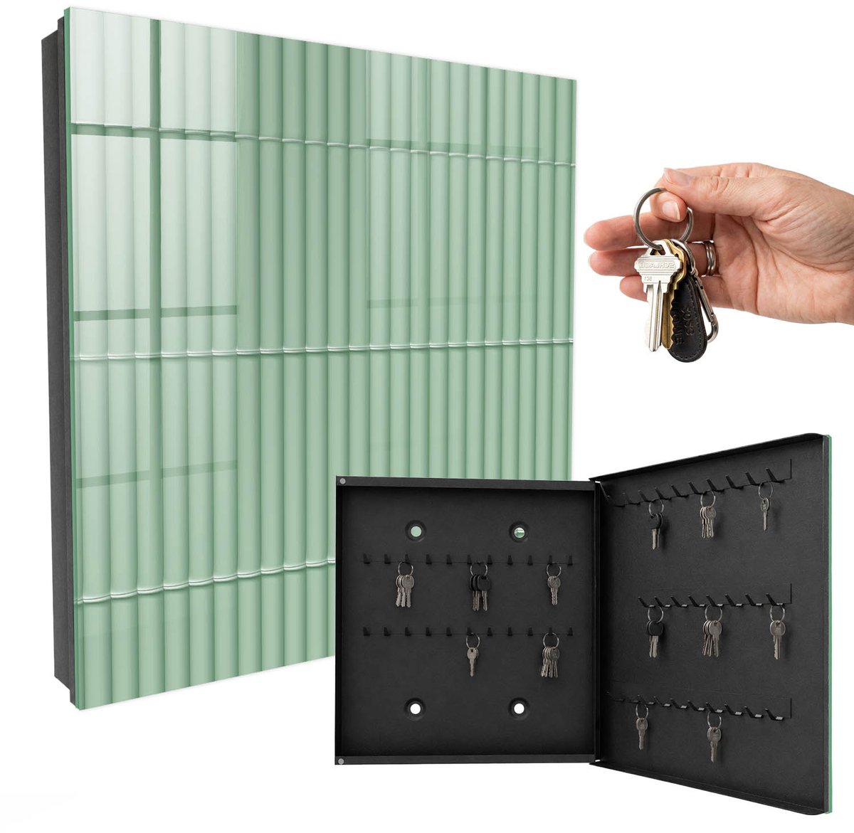 WallMuralia - Sleutelkast - 30x30x5 cm - met 50 haken - Groene Strepen Groot Sleutelkastje - Groente Sleutelbox - Rechtsopenend - Zwart interieur