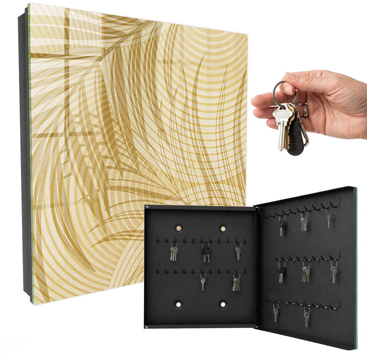 WallMuralia - Sleutelkast - 30x30x5 cm - met 50 haken - Bladeren Van De Natuur Sleutelkastje Binnen - Beige Sleutelbox - Rechtsopenend - Zwart interieur