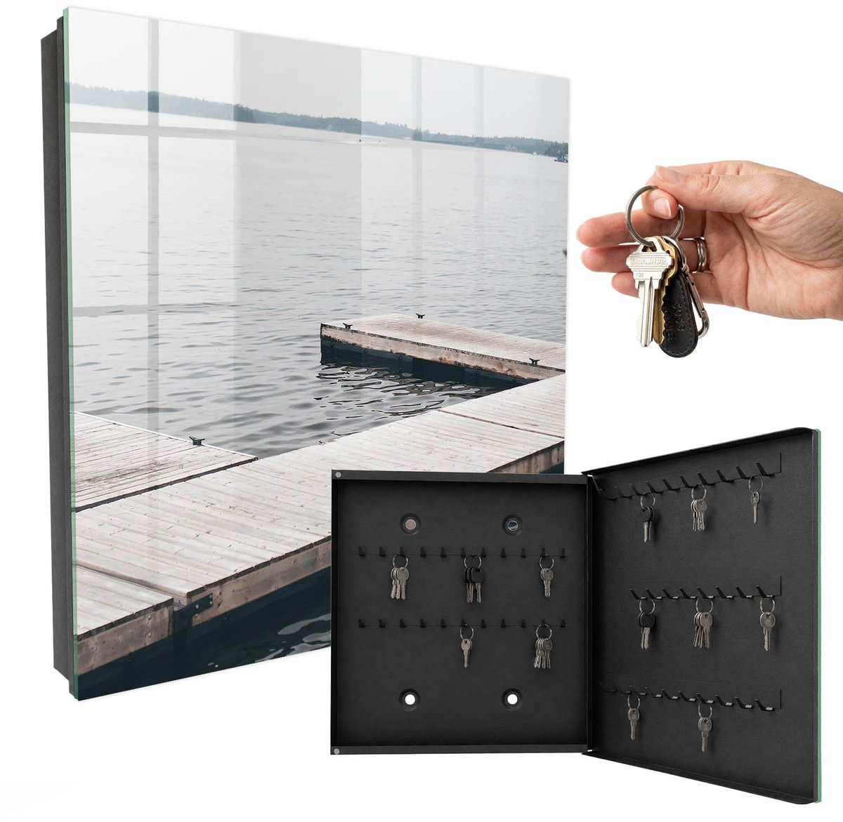 WallMuralia - Sleutelkast - 30x30x5 cm - met 50 haken - Houten Steiger Sleutelkastje Huis - Grijs Sleutelbox - Rechtsopenend - Zwart interieur