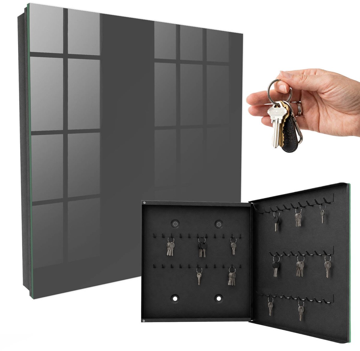 WallMuralia - Sleutelkast - 30x30x5 cm - met 50 haken - Donkergrijs Sleutelkastje Modern - Grijs Sleutelbox - Rechtsopenend - Zwart interieur