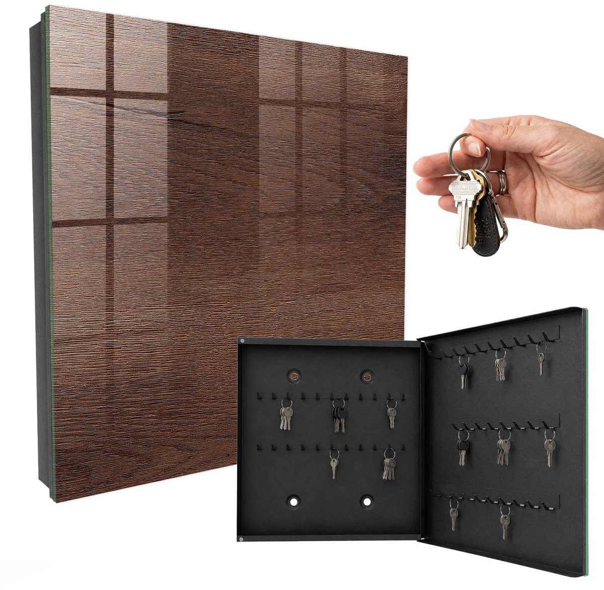 WallMuralia - Sleutelkast - 30x30x5 cm - met 50 haken - Bruin Hout Sleutelkastje Modern - Bruin Sleutelbox - Rechtsopenend - Zwart interieur
