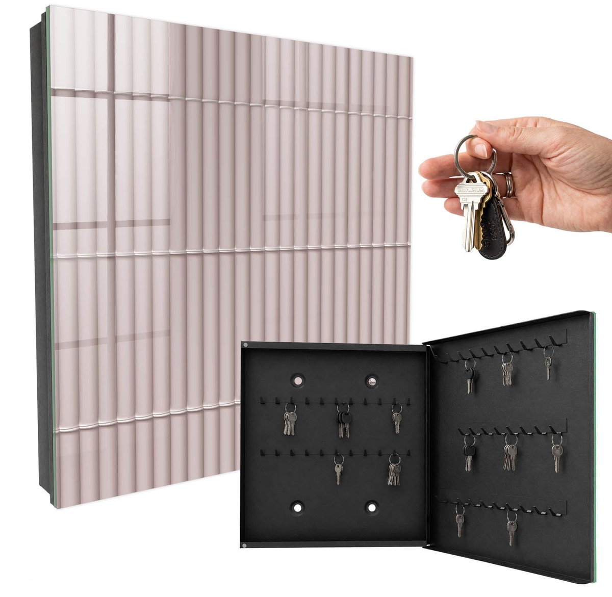 WallMuralia - Sleutelkast - 30x30x5 cm - met 50 haken - Minimalistische Textuur Sleutelkastje Klein - Beige Sleutelbox - Rechtsopenend - Zwart interieur