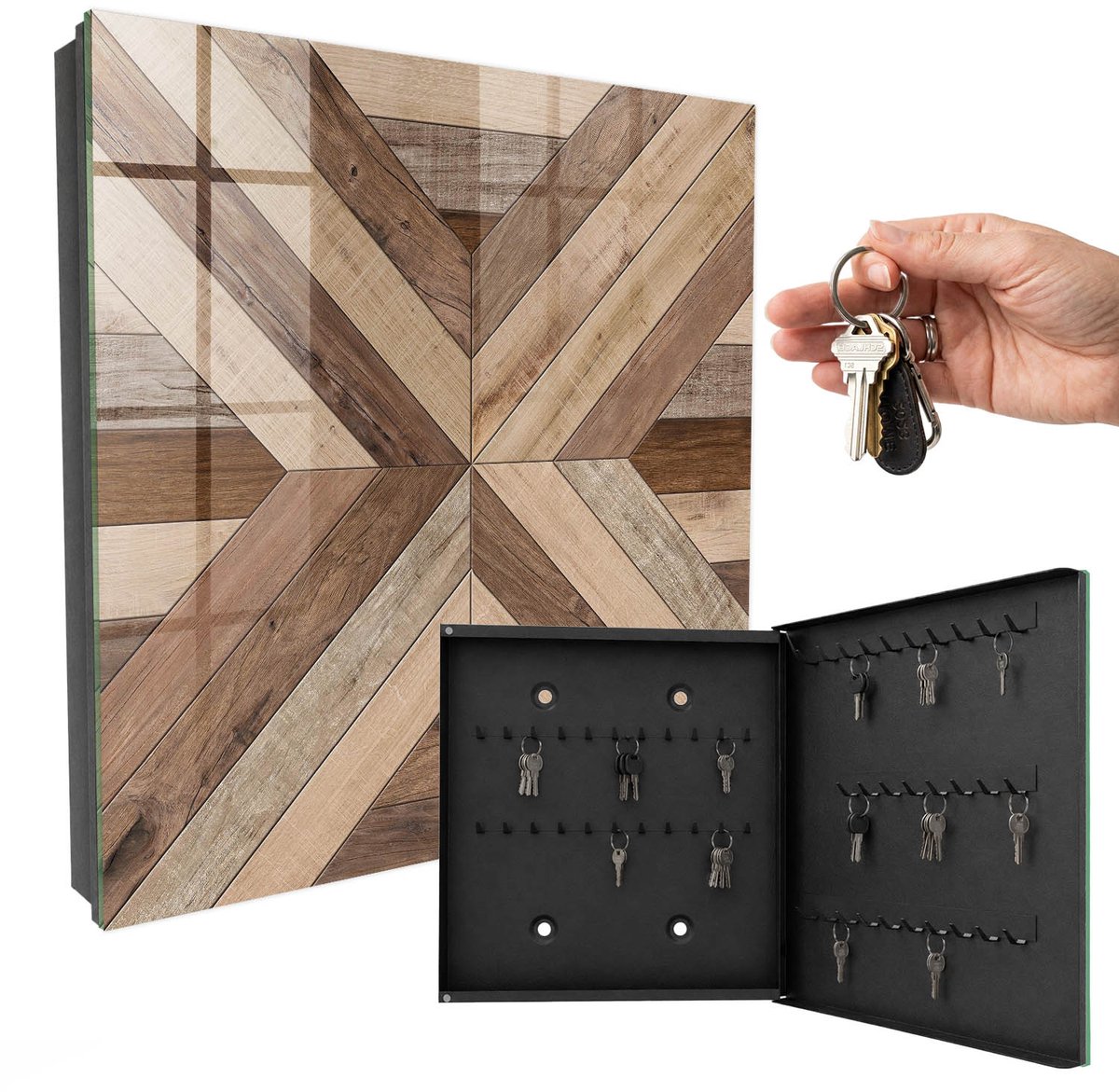 WallMuralia - Sleutelkast - 30x30x5 cm - met 50 haken - Houten Geometrie Sleutelkastje Binnen - Bruin Sleutelbox - Rechtsopenend - Zwart interieur