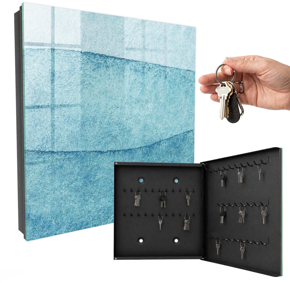 WallMuralia - Sleutelkast - 30x30x5 cm - met 50 haken - Blauwe Texturen Sleutelkastje Landelijk - Blauw Sleutelbox - Rechtsopenend - Zwart interieur
