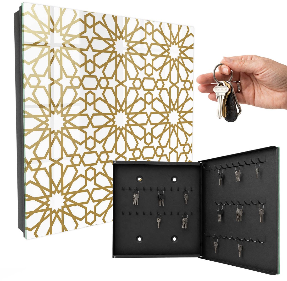 WallMuralia - Sleutelkast - 30x30x5 cm - met 50 haken - Geometrisch Patroon Sleutelkastje Modern - Wit Sleutelbox - Rechtsopenend - Zwart interieur