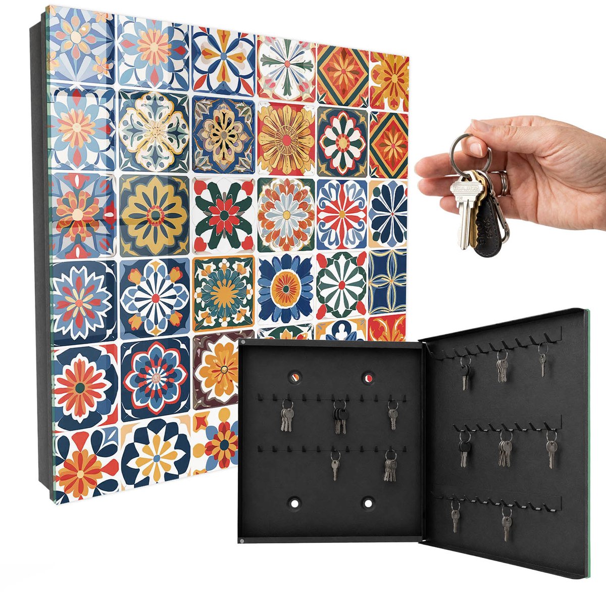 WallMuralia - Sleutelkast - 30x30x5 cm - met 50 haken - Kleurrijke Tegels Sleutelkastje Voor Binnen - Blauw Sleutelbox - Rechtsopenend - Zwart interieur