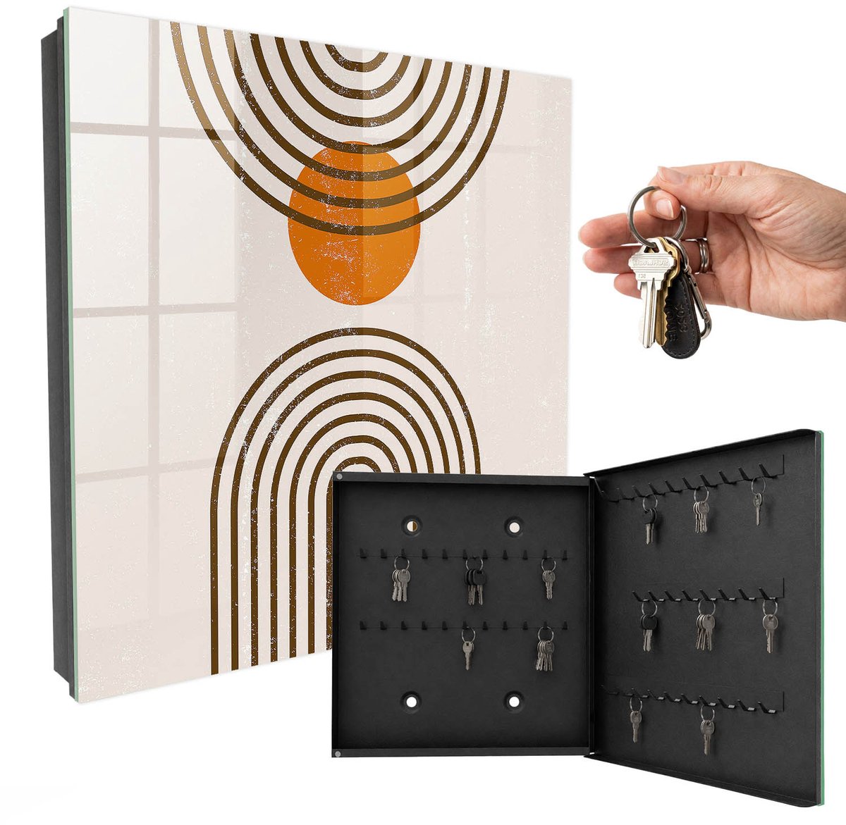 WallMuralia - Sleutelkast - 30x30x5 cm - met 50 haken - Retro Geometrie Sleutelkastje Modern - Bruin Sleutelbox - Rechtsopenend - Zwart interieur