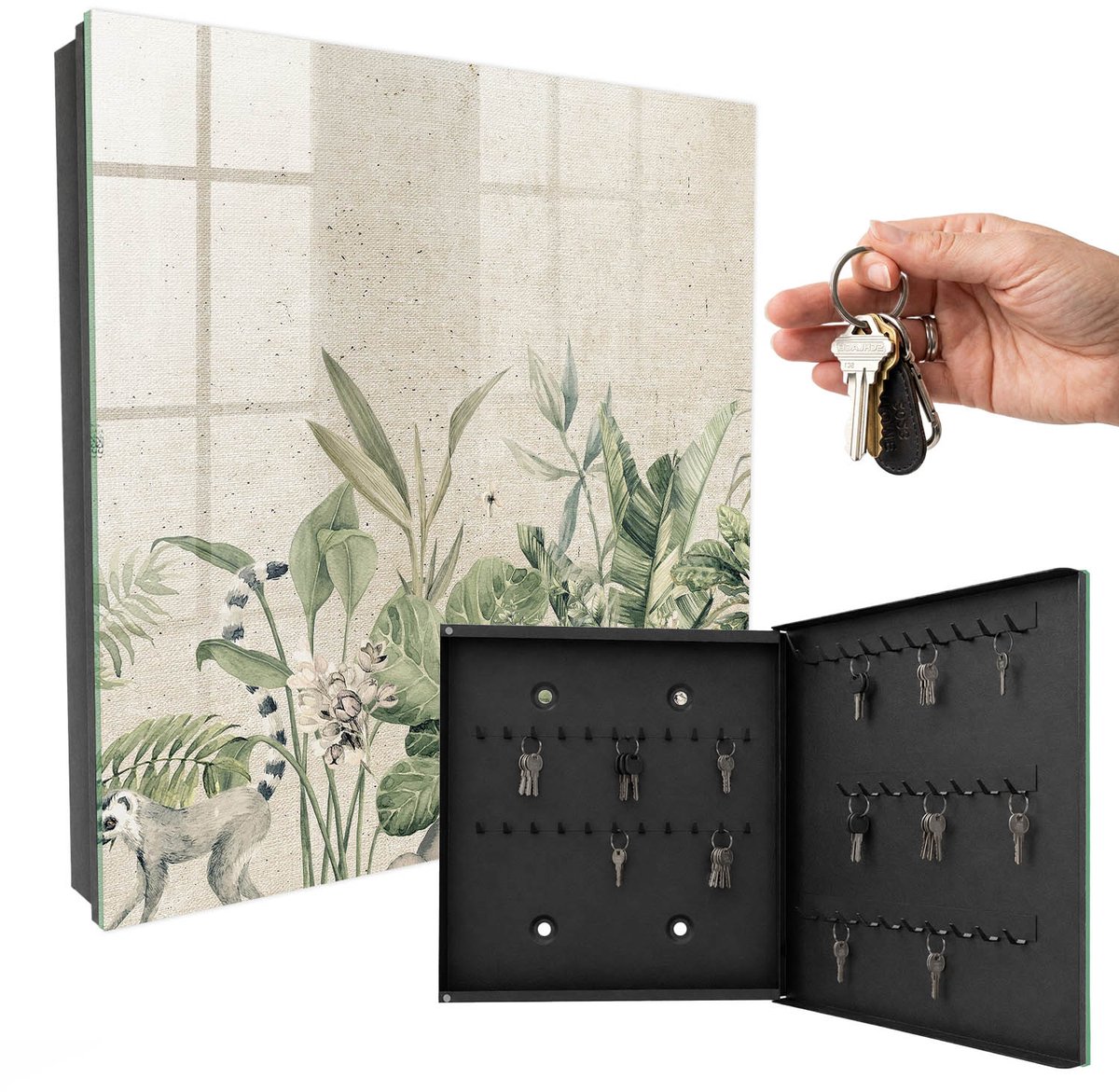 WallMuralia - Sleutelkast - 30x30x5 cm - met 50 haken - Tropische Natuur Sleutelkastje Muur - Groente Sleutelbox - Rechtsopenend - Zwart interieur