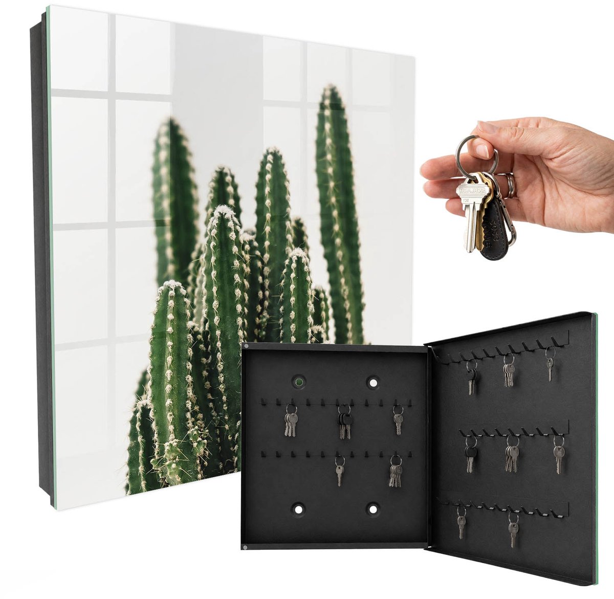 WallMuralia - Sleutelkast - 30x30x5 cm - met 50 haken - Groene Cactussen Sleutelkastje Binnen - Groente Sleutelbox - Rechtsopenend - Zwart interieur
