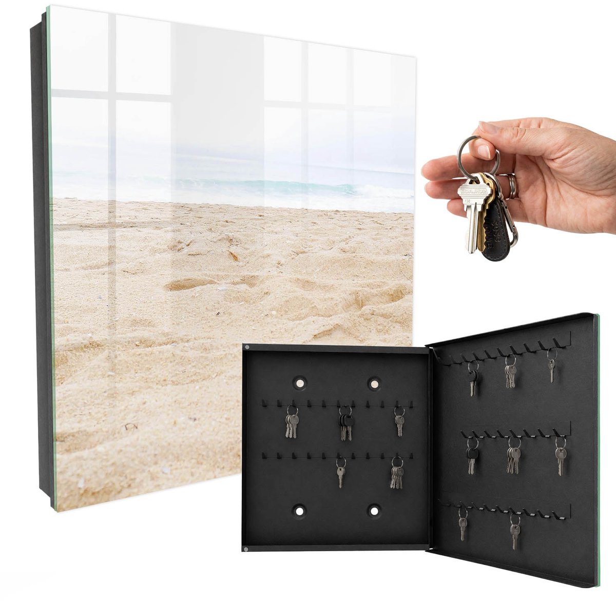 WallMuralia - Sleutelkast - 30x30x5 cm - met 50 haken - Ontspanning Aan Het Strand Sleutelkastje Voor Binnen - Beige Sleutelbox - Rechtsopenend - Zwart interieur