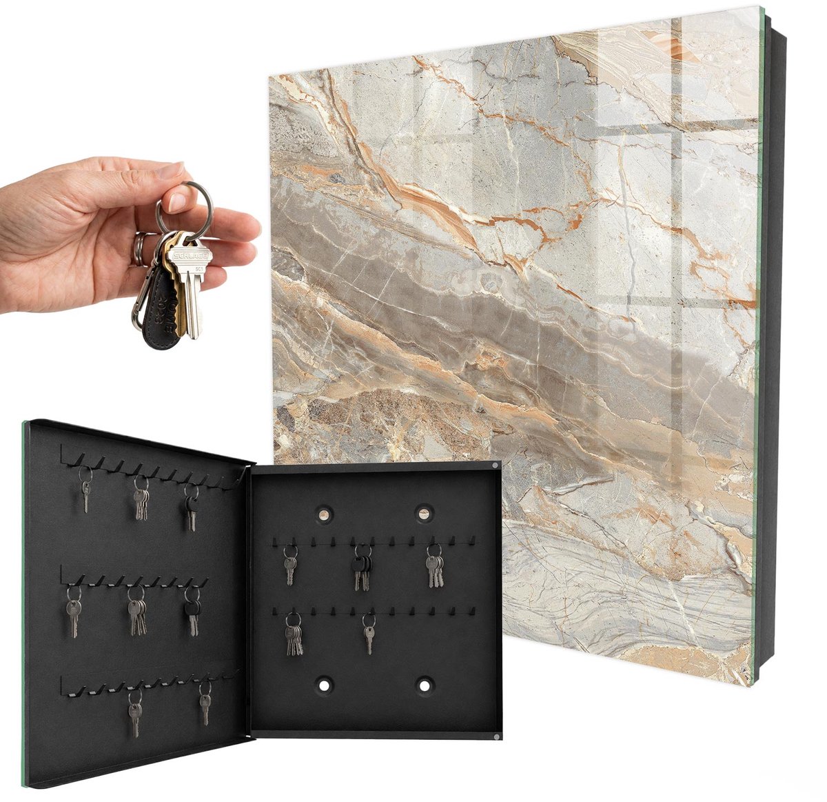 WallMuralia - Sleutelkast - 30x30x5 cm - met 50 haken - Elegant Marmer Sleutelkastje - Grijs Sleutelbox - Linksopenend - Zwart interieur