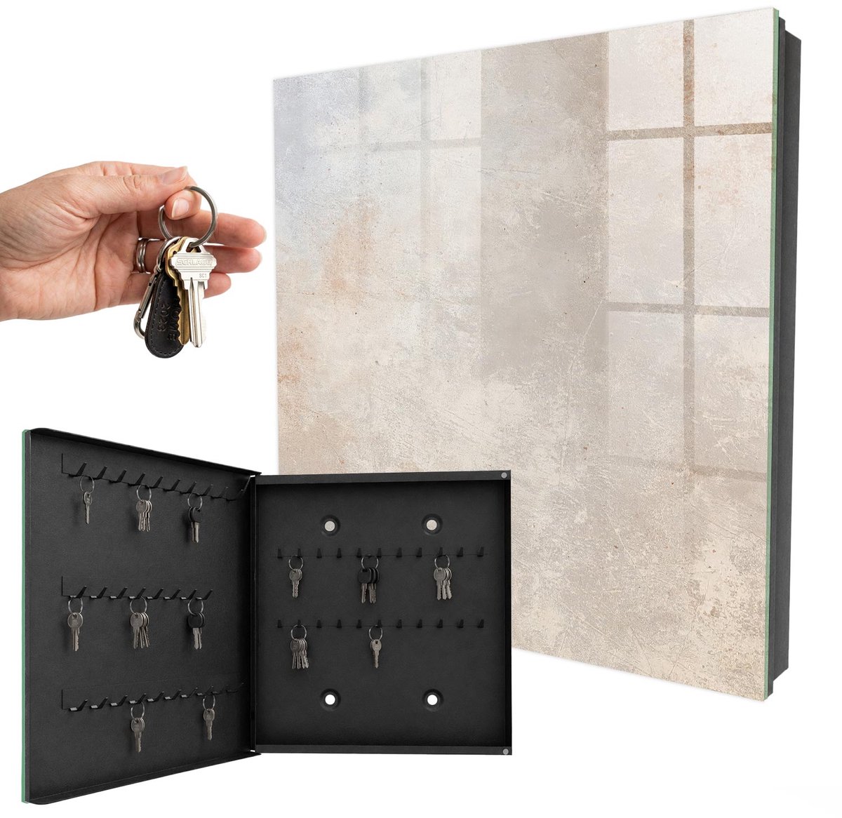 WallMuralia - Sleutelkast - 30x30x5 cm - met 50 haken - Rustieke Elegantie Groot Sleutelkastje - Beige Sleutelbox - Linksopenend - Zwart interieur