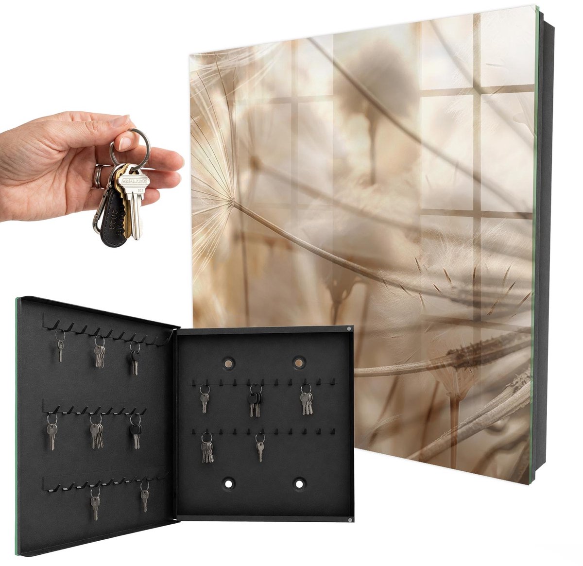 WallMuralia - Sleutelkast - 30x30x5 cm - met 50 haken - Beige Paardenbloemen Sleutelkastje Modern - Beige Sleutelbox - Linksopenend - Zwart interieur