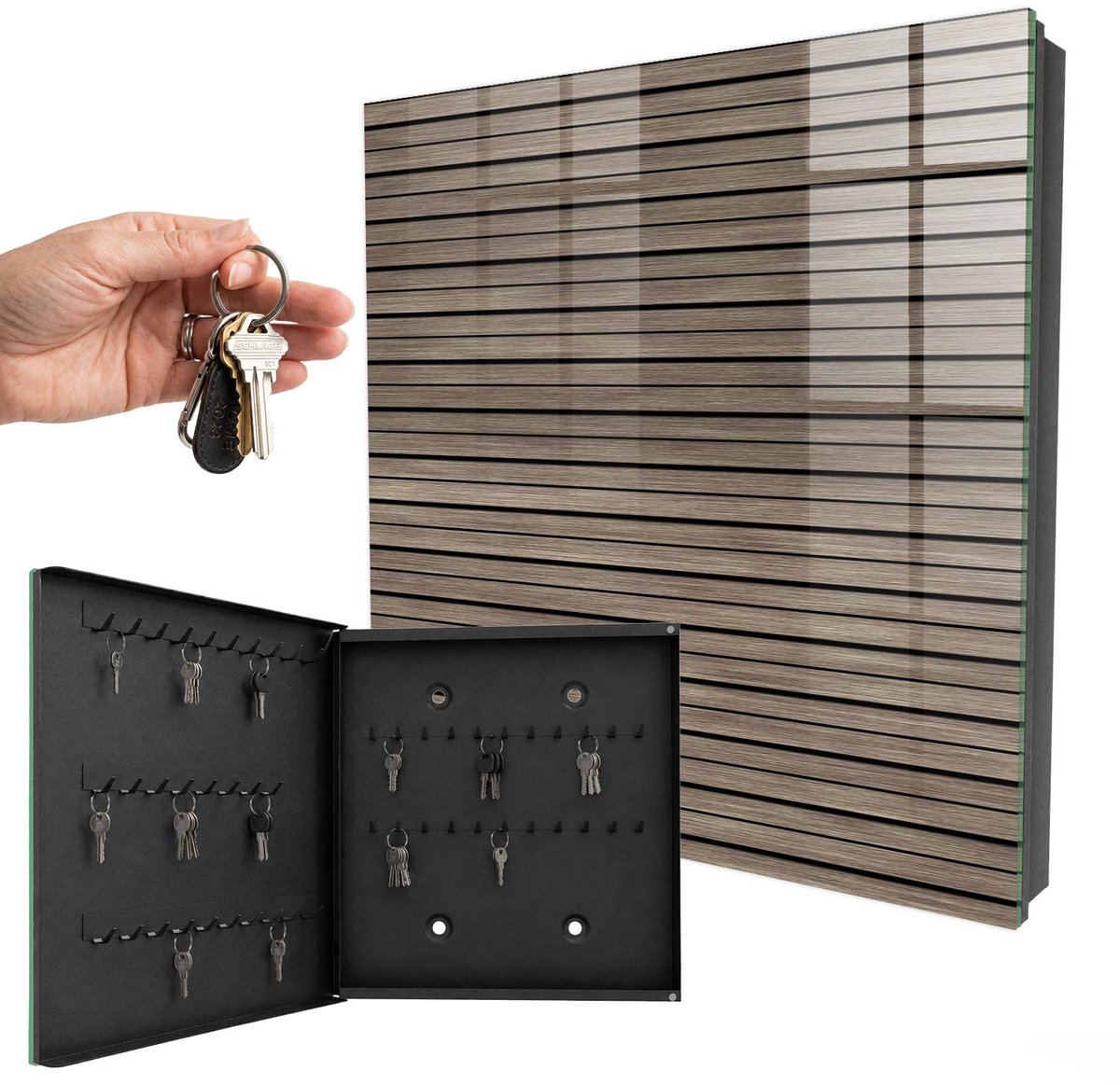WallMuralia - Sleutelkast - 30x30x5 cm - met 50 haken - Houten Planken Sleutelkastje Huis - Bruin Sleutelbox - Linksopenend - Zwart interieur