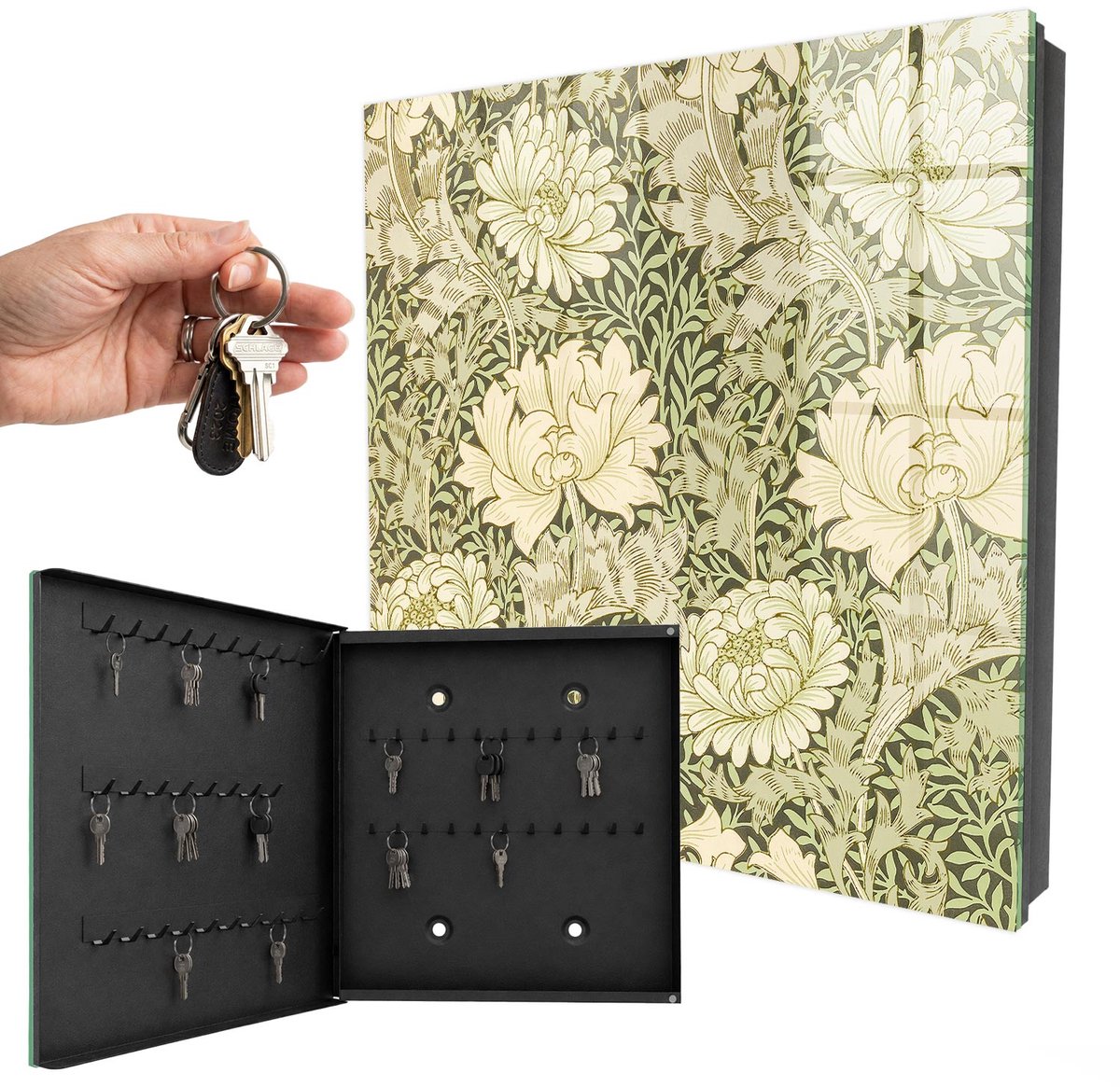 WallMuralia - Sleutelkast - 30x30x5 cm - met 50 haken - Bloemenpatroon Sleutelkastje Industrieel - Groente Sleutelbox - Linksopenend - Zwart interieur