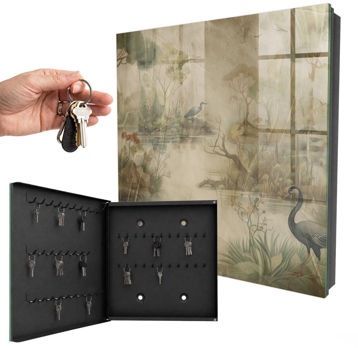 WallMuralia - Sleutelkast - 30x30x5 cm - met 50 haken - Idyllische Natuur Sleutelkastje Binnen - Beige Sleutelbox - Linksopenend - Zwart interieur