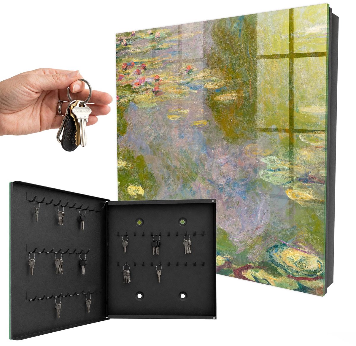 WallMuralia - Sleutelkast - 30x30x5 cm - met 50 haken - Claude Monet Waterlelies Sleutelkastje Gang - Groente Sleutelbox - Linksopenend - Zwart interieur