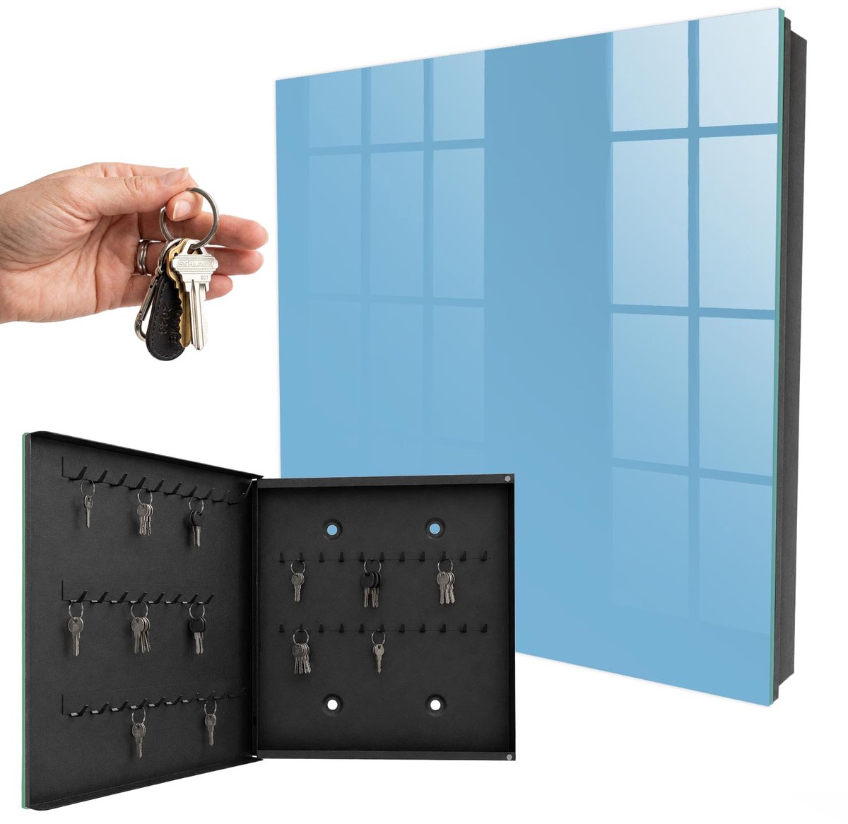 WallMuralia - Sleutelkast - 30x30x5 cm - met 50 haken - Blauwe Kleur Design Sleutelkastje - Blauw Sleutelbox - Linksopenend - Zwart interieur