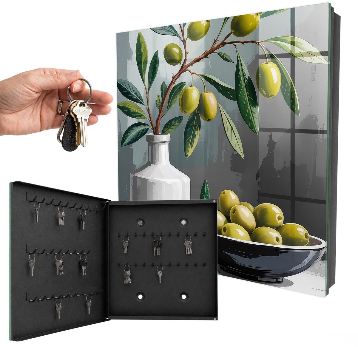 WallMuralia - Sleutelkast - 30x30x5 cm - met 50 haken - Groene Olijf Leuk Sleutelkastje - Groente Sleutelbox - Linksopenend - Zwart interieur