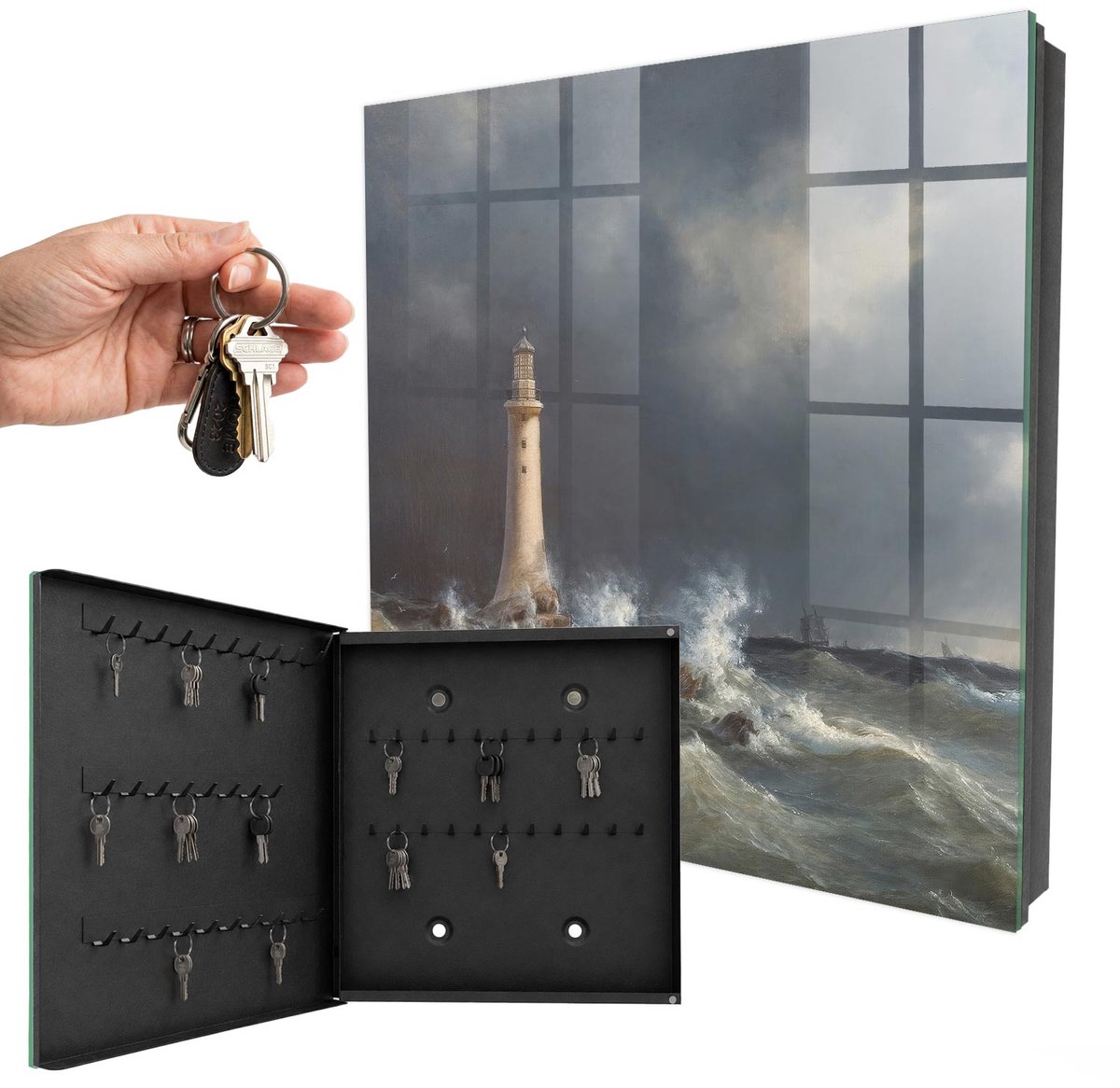 WallMuralia - Sleutelkast - 30x30x5 cm - met 50 haken - Stormachtige Zee Groot Sleutelkastje - Grijs Sleutelbox - Linksopenend - Zwart interieur