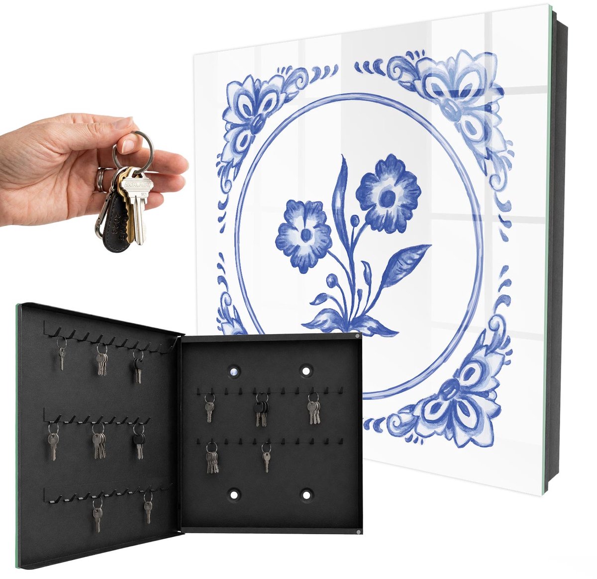 WallMuralia - Sleutelkast - 30x30x5 cm - met 50 haken - Blauwe Bloemen Sleutelkastje Klein - Blauw Sleutelbox - Linksopenend - Zwart interieur