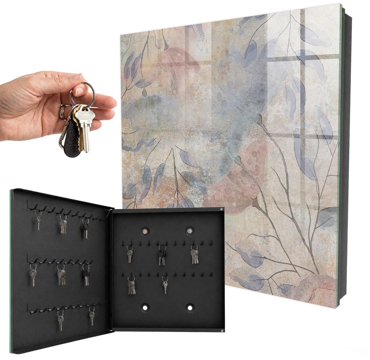 WallMuralia - Sleutelkast - 30x30x5 cm - met 50 haken - Tere Bladeren Sleutelkastje Muur - Beige Sleutelbox - Linksopenend - Zwart interieur